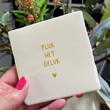 Tegeltje pluk het geluk creme goud