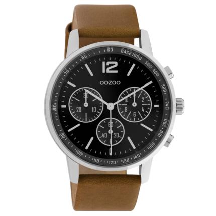 Herenhorloge Oozoo C10812 zilverkleur met bruin leren band